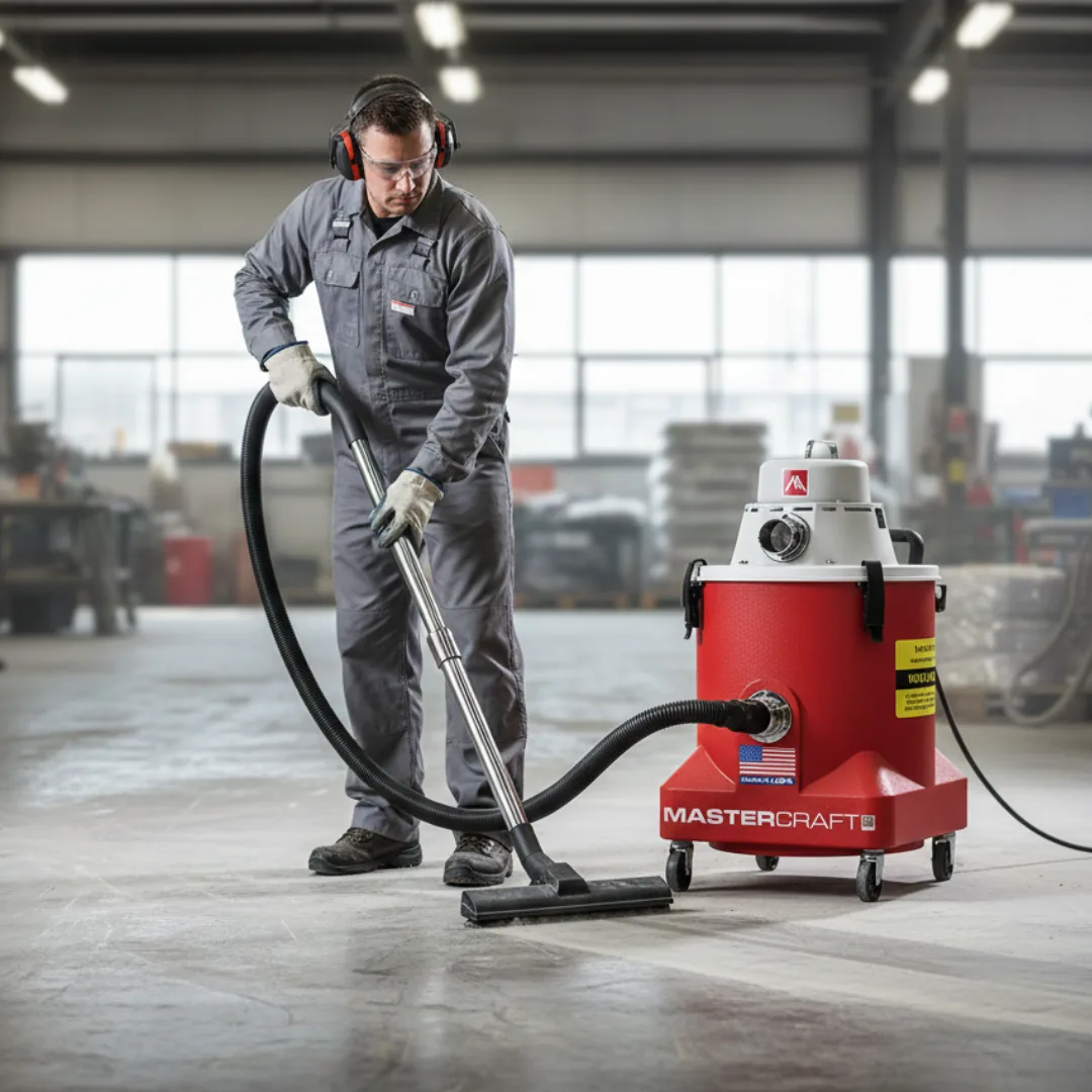Worker vacuuming a facility floor with the Mastercraft® Enviromaster 9 gallon HEPA vacuum